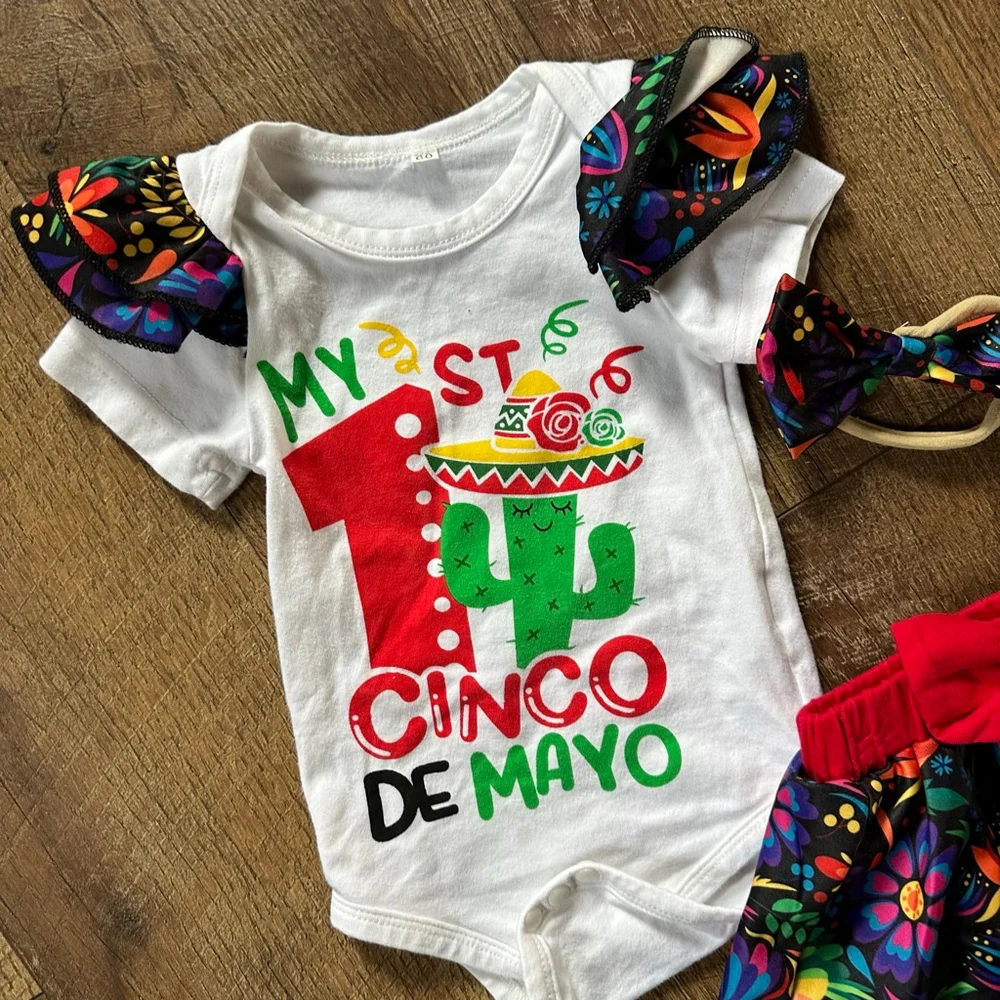 Baby Matching Set 3-6 Months White Red Cinco de Mayo Outfit